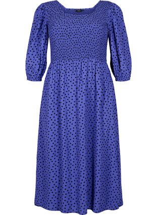 Gestippelde viscose jurk met smok, R.Blue w. Black Dot, Packshot image number 0