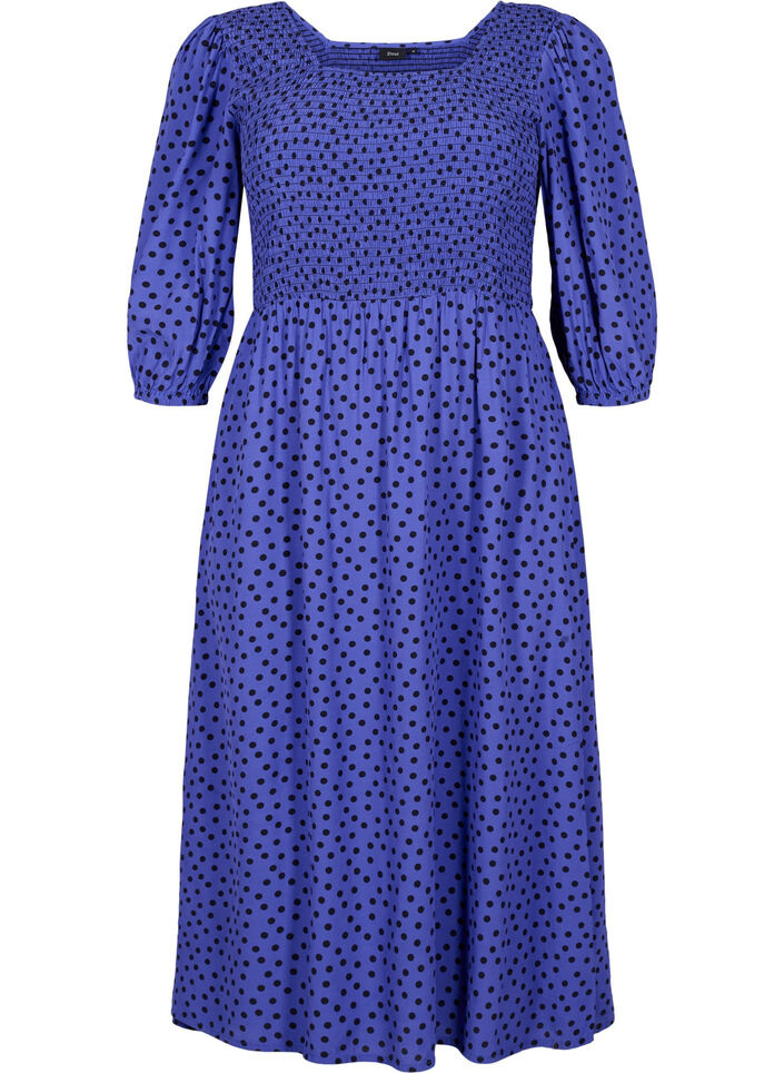 Gestippelde viscose jurk met smok, R.Blue w. Black Dot, Packshot image number 0