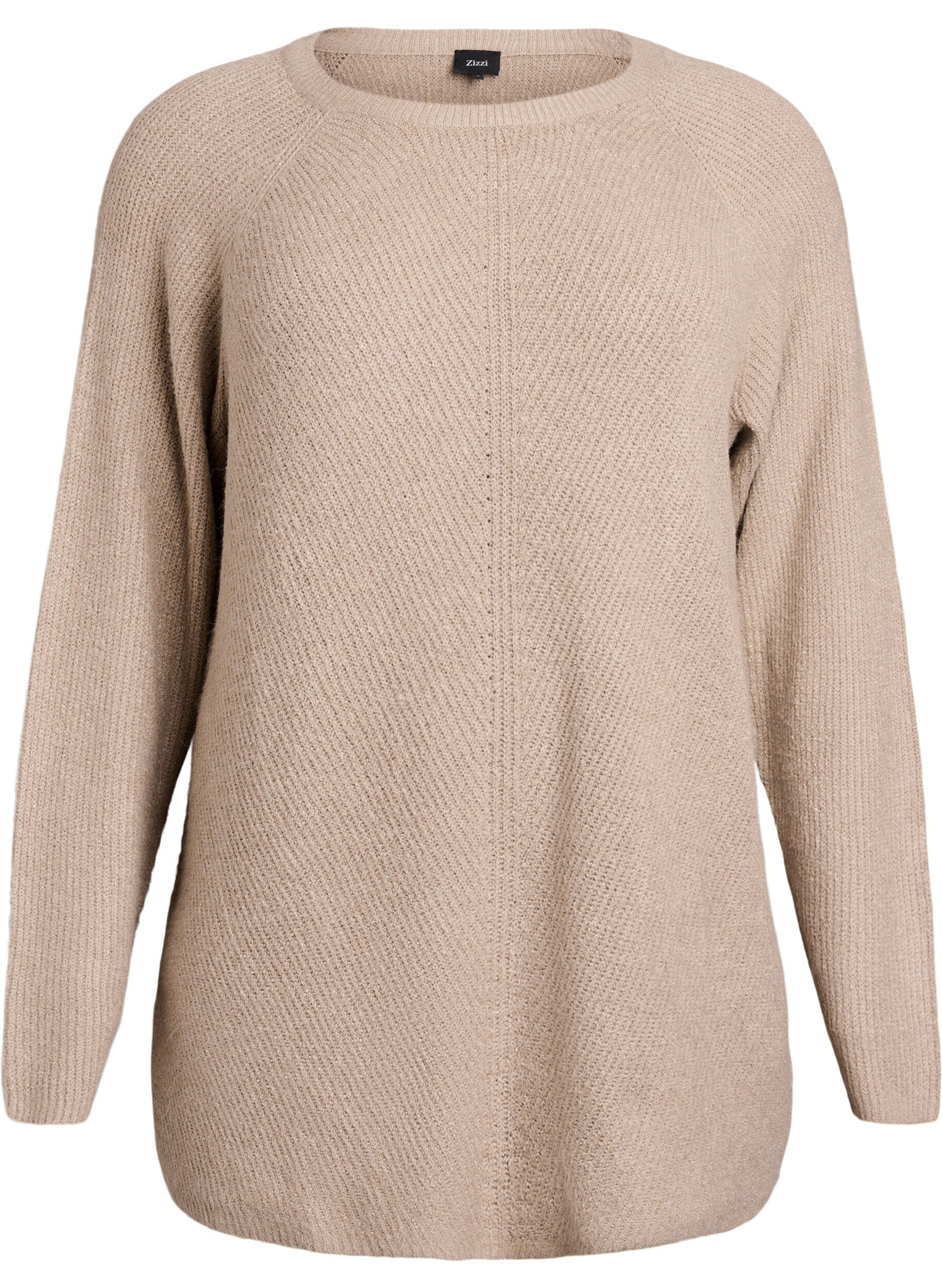 ZizziGebreide trui met diagonale structuur en raglanmouwen, Beige, Packshot image number 0