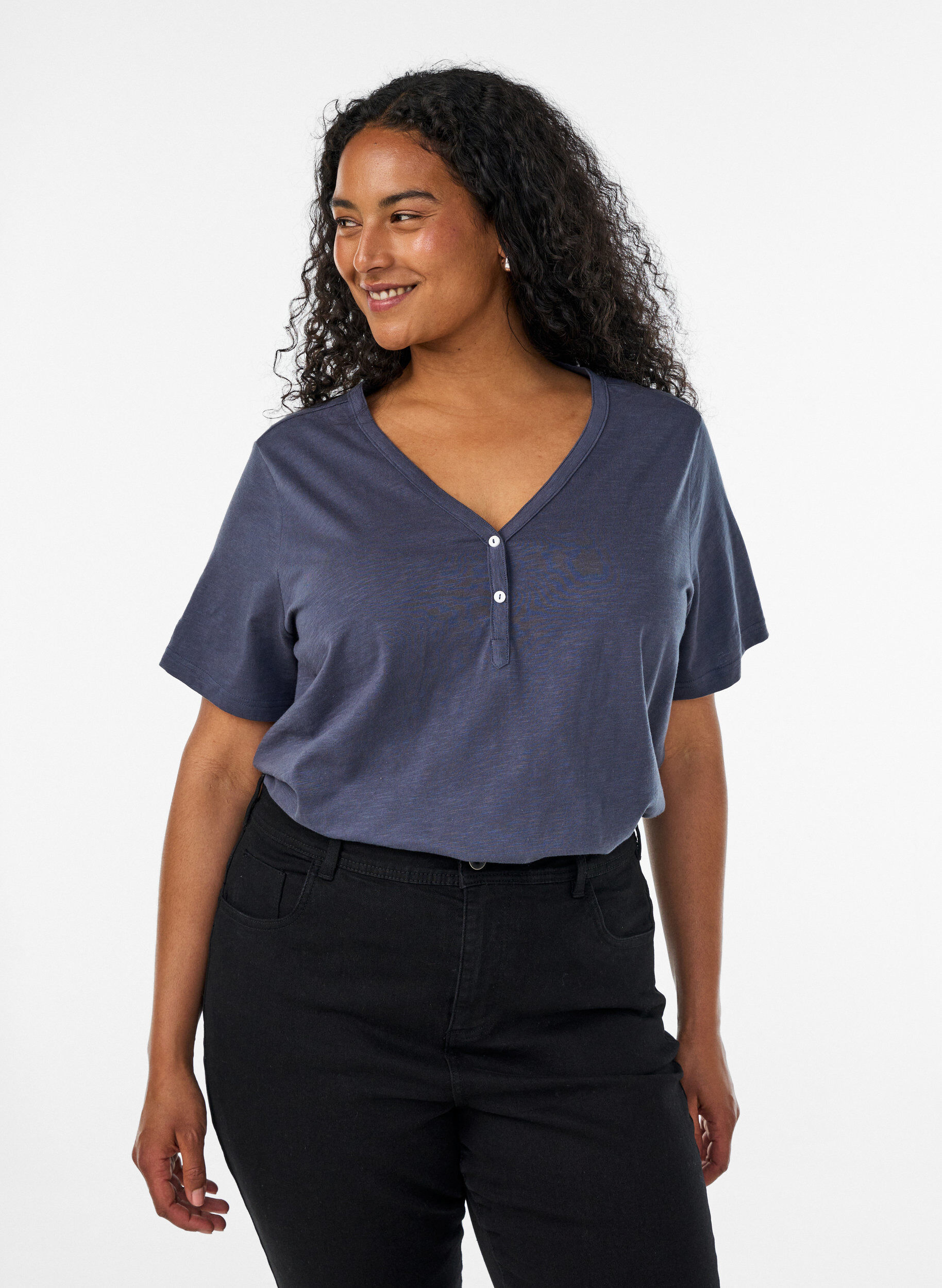 T-shirt met knoopdetail, Grijs, Model