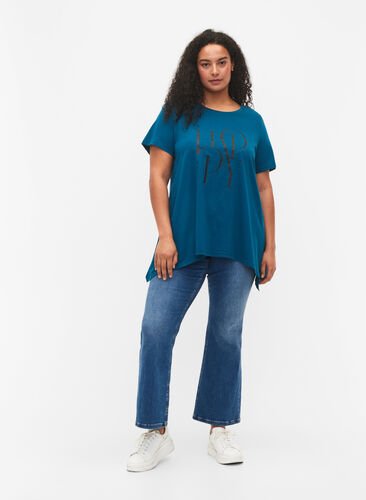 T-shirt van katoen met tekstopdruk, Blue Coral HAPPY, Model image number 2