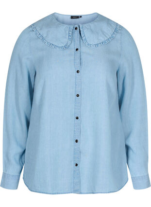 Shirt met grote kraag en ruches, Light blue denim, Packshot image number 0