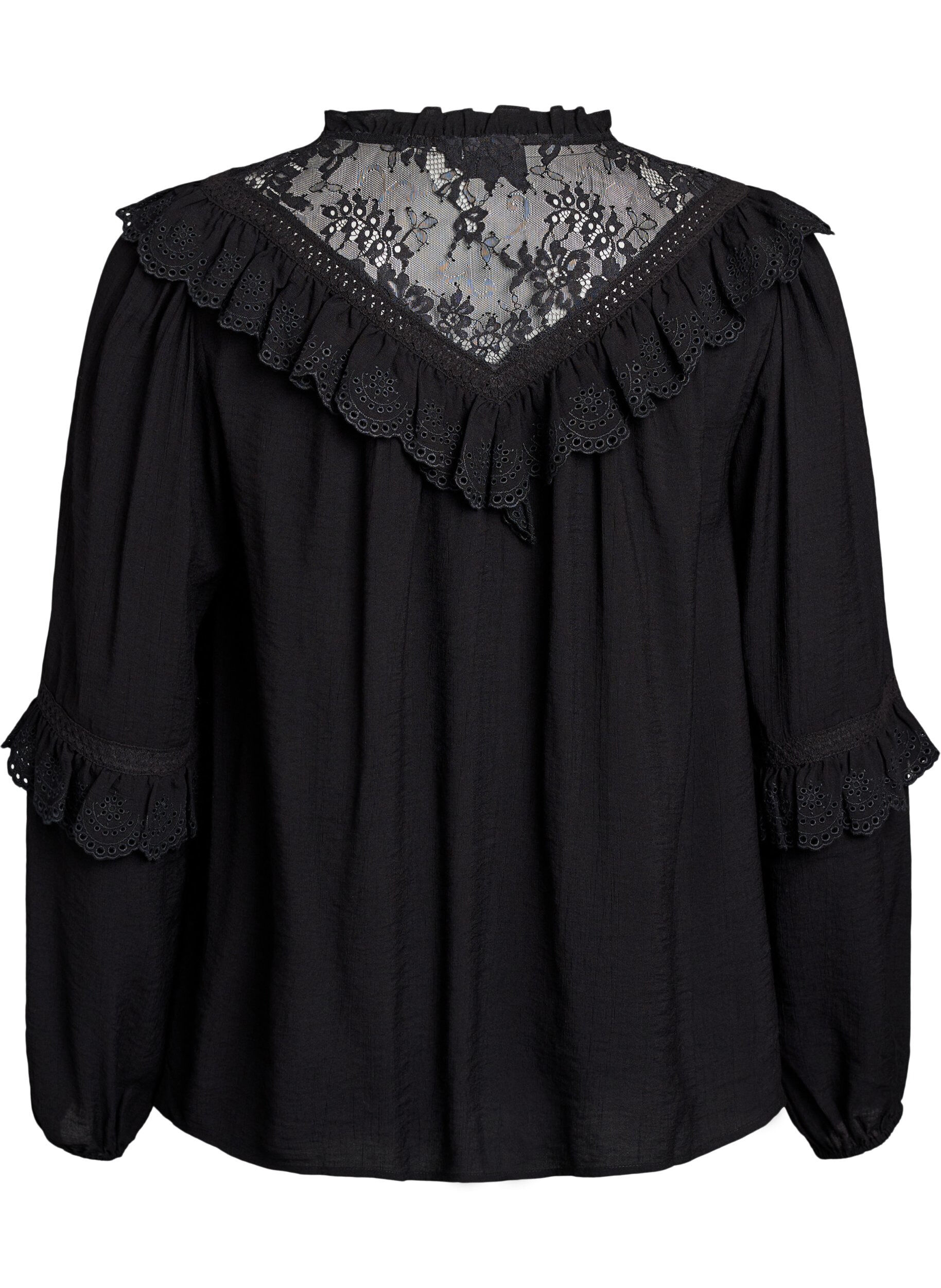 Zizzi Viscose blouse met kant en ruches, Zwart, Packshot image number 1