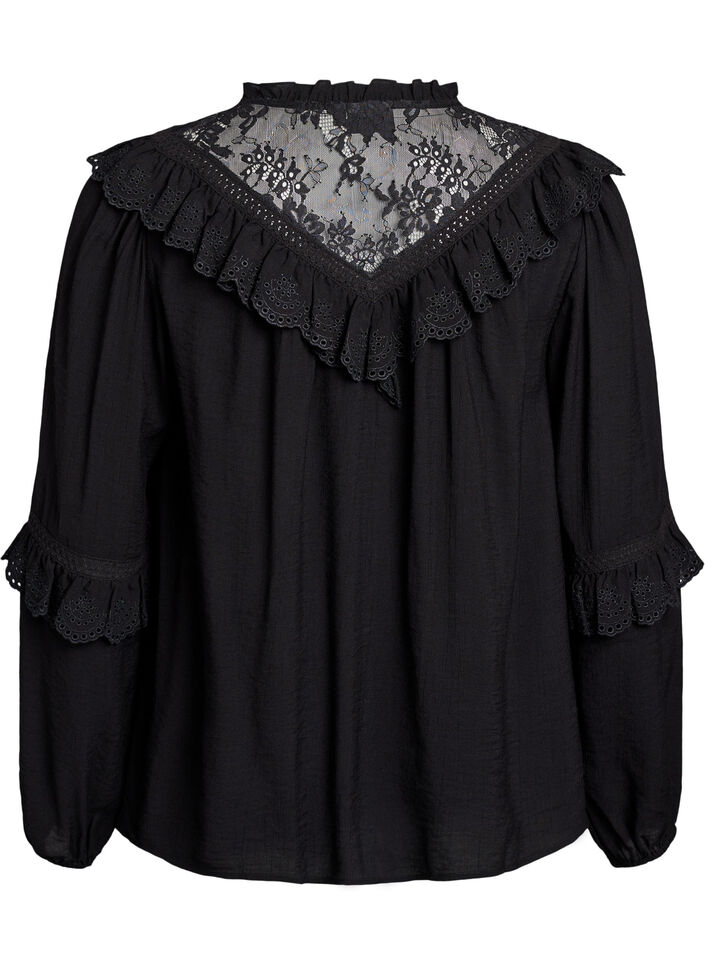 Viscose blouse met kant en ruches, Zwart, Packshot