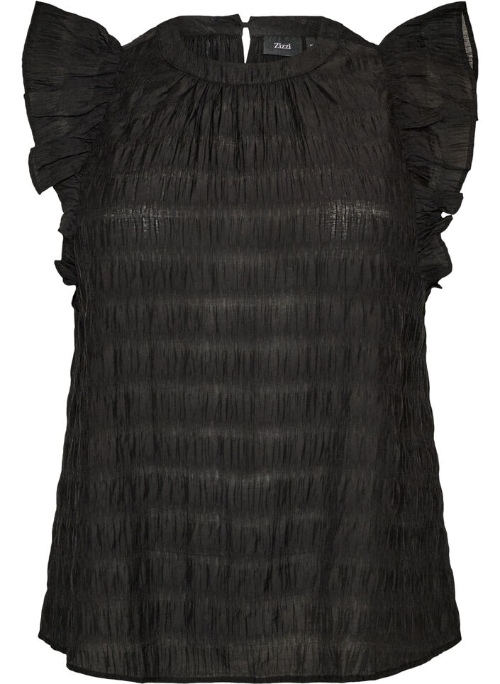 Blouse met textuur en ruches zonder mouwen, Zwart, Packshot image number 0