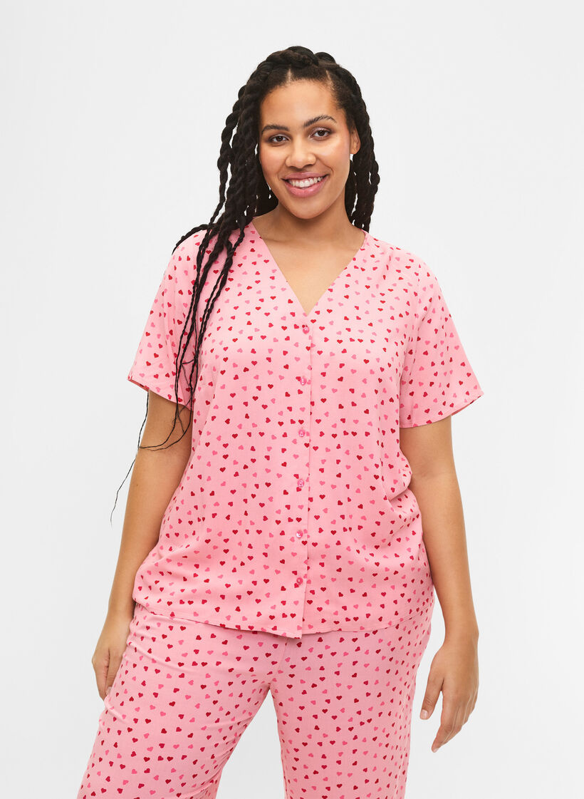 Bedrukte pyjamatop van viscose, Roze, Model image number 0