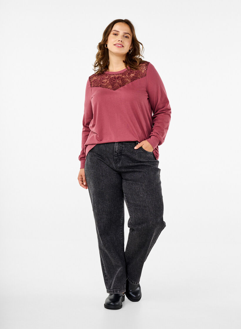 Sweatshirt met kanten details, Rose Brown, Model image number 2
