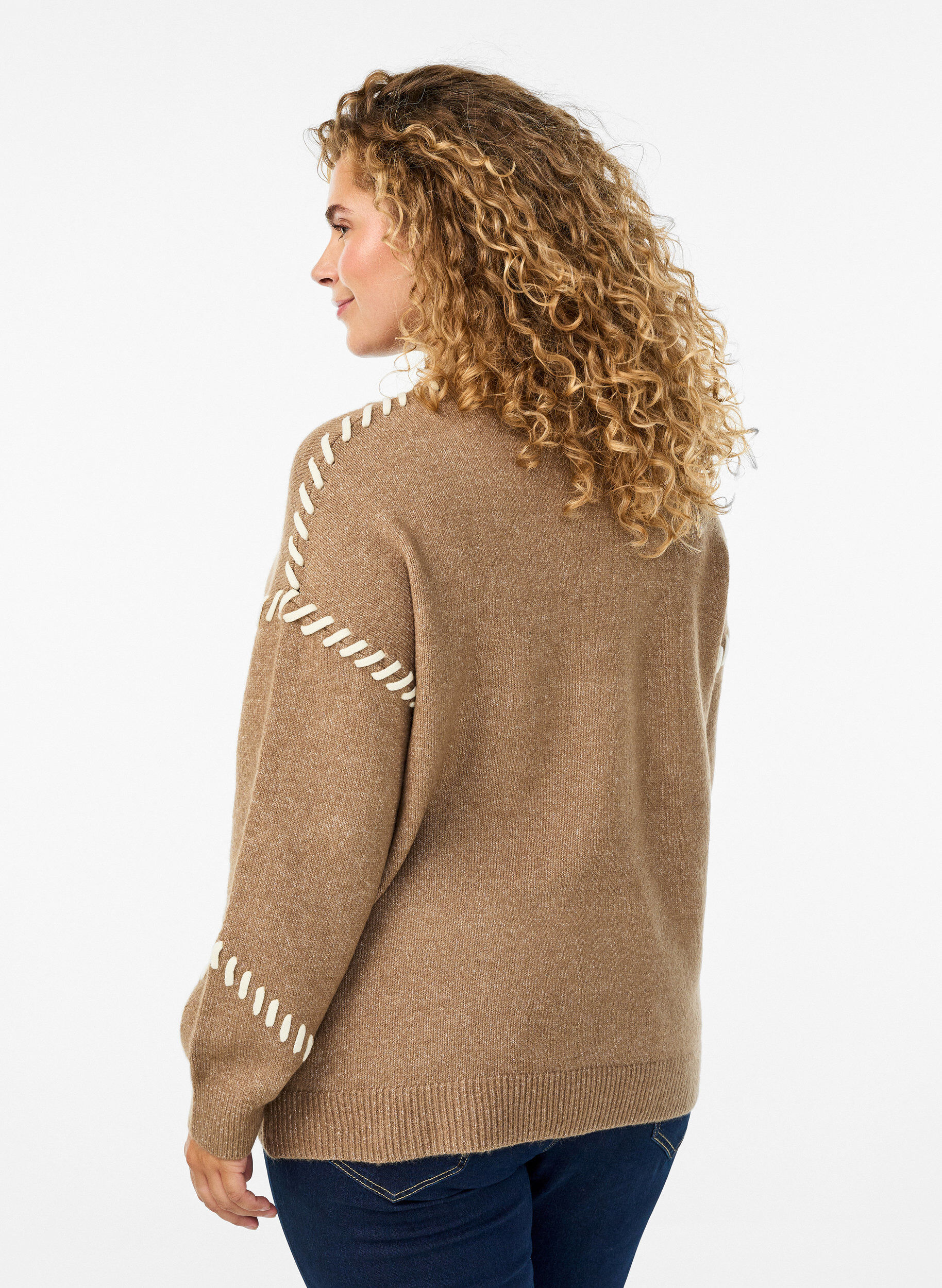 Zizzi Jumper met decoratieve stiksels, Bruin, Model image number 2