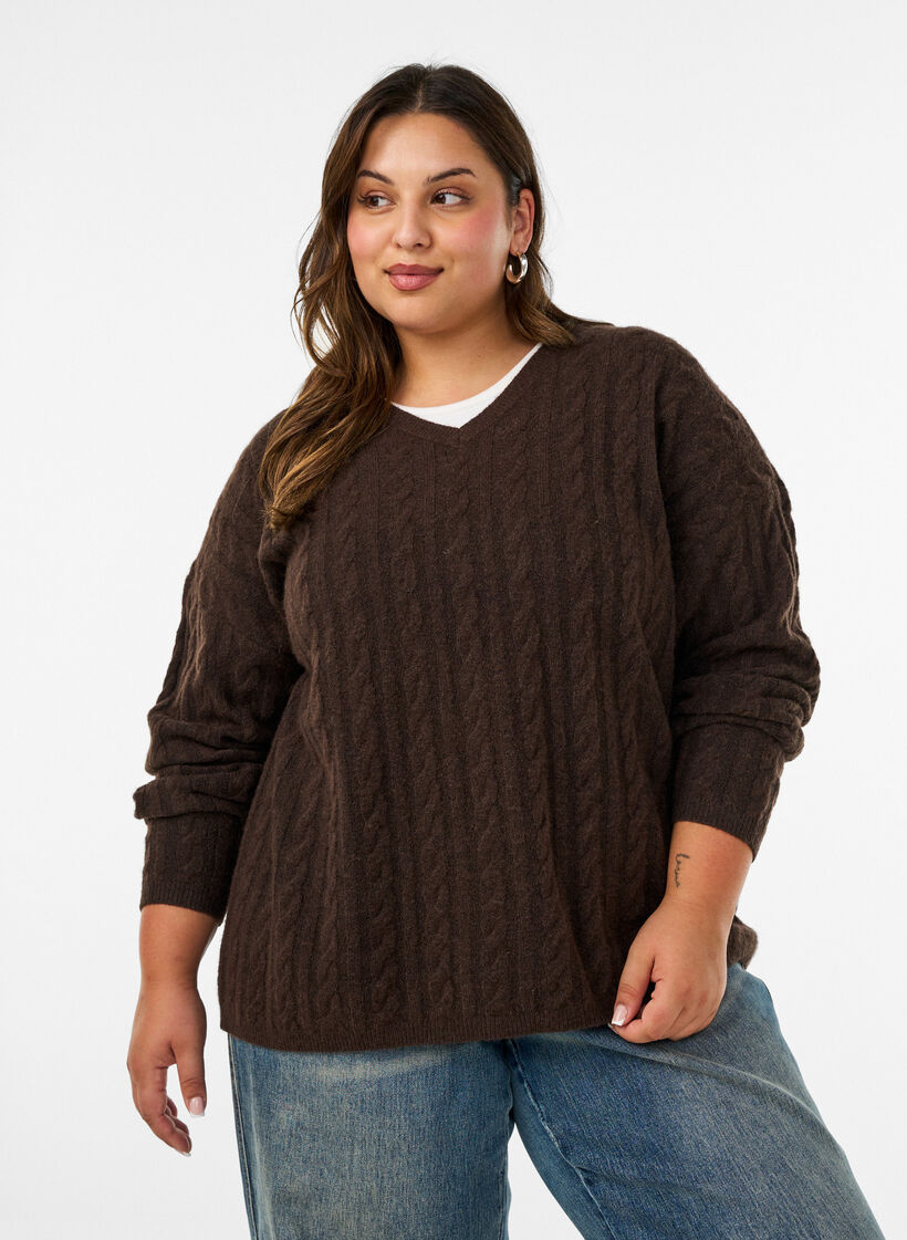 Gebreide blouse met kabelpatroon en V-hals, Bruin, Model image number 0