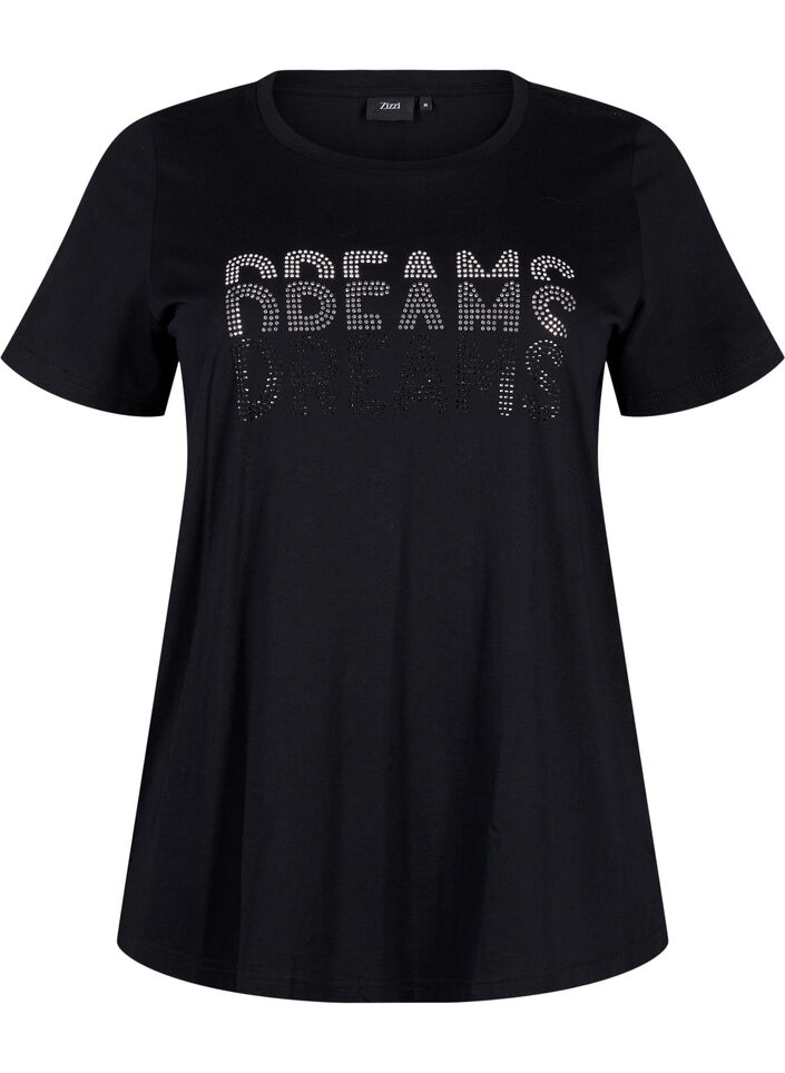 Katoenen T-shirt met strasmotief, Black w. Dream, Packshot image number 0