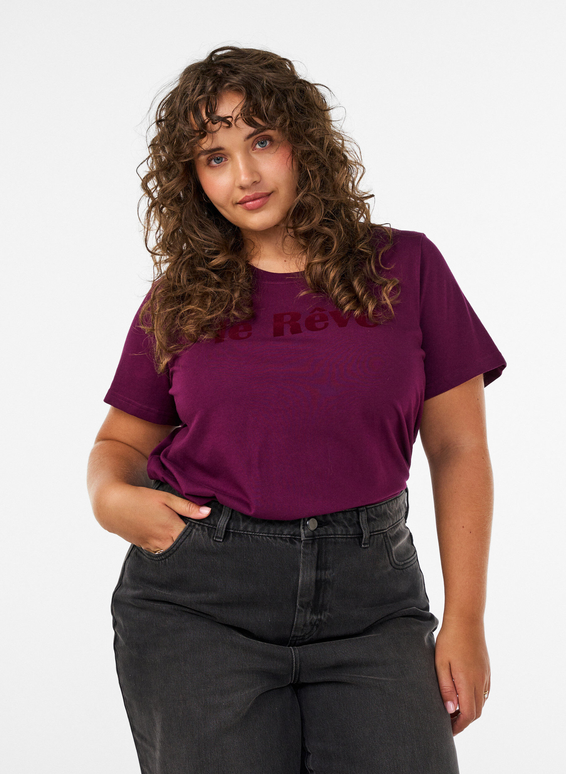 ZizziT-shirt van biologisch katoen met velourstekst, Paars, Model image number 0