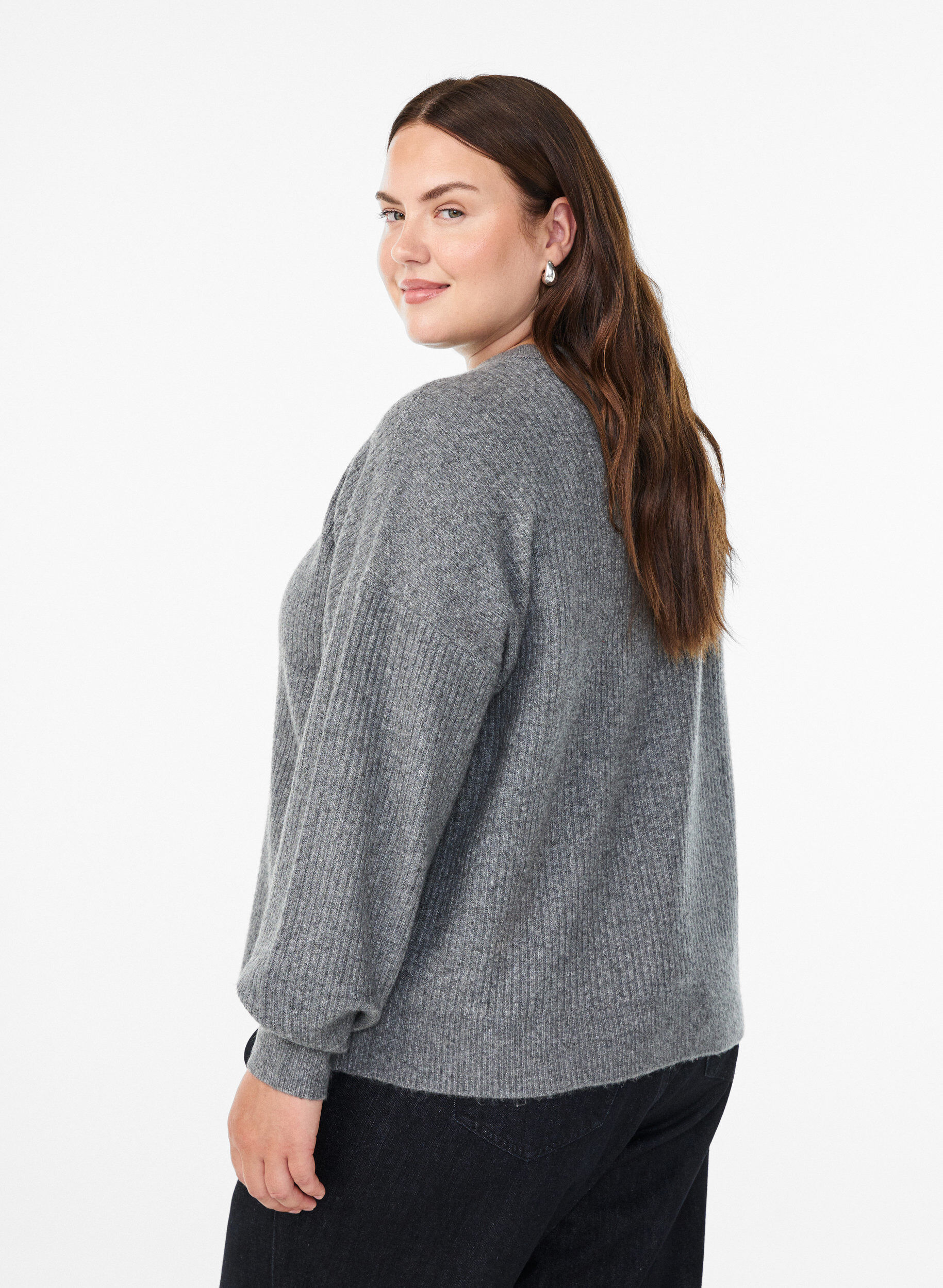ZizziVest van ribtricot met knopen, Grijs, Model image number 2