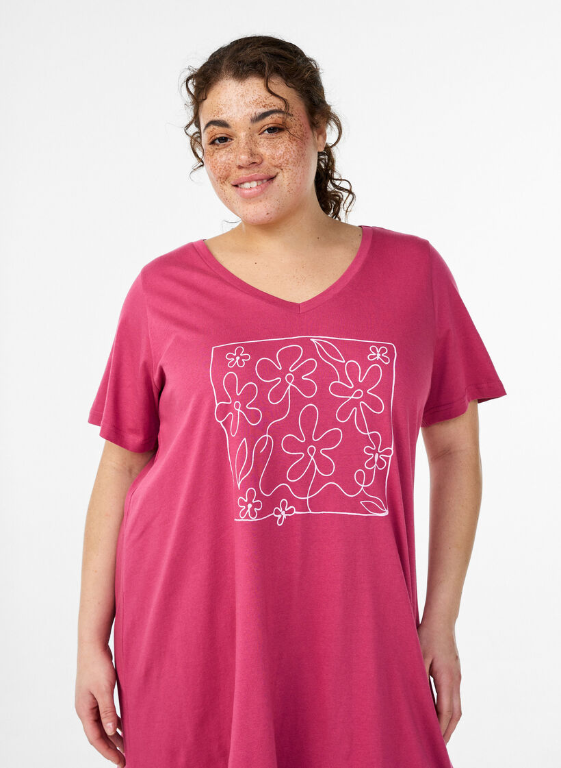 Organische katoenen nachtjapon met V-hals, Rood, Model image number 2