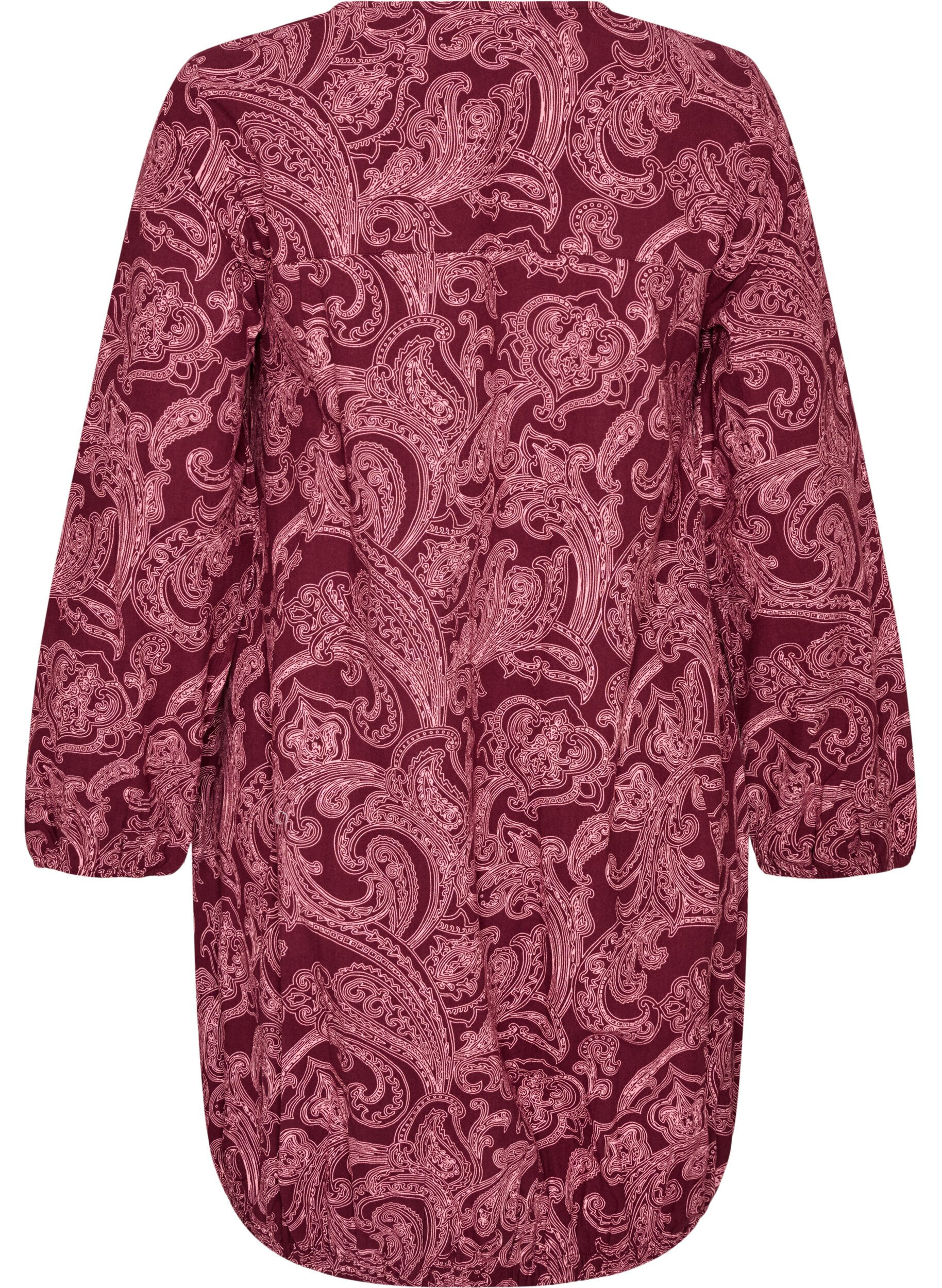 ZizziKorte katoenen jurk met een elastische zoom en lange mouwen, Donker Bordeaux, Packshot image number 1