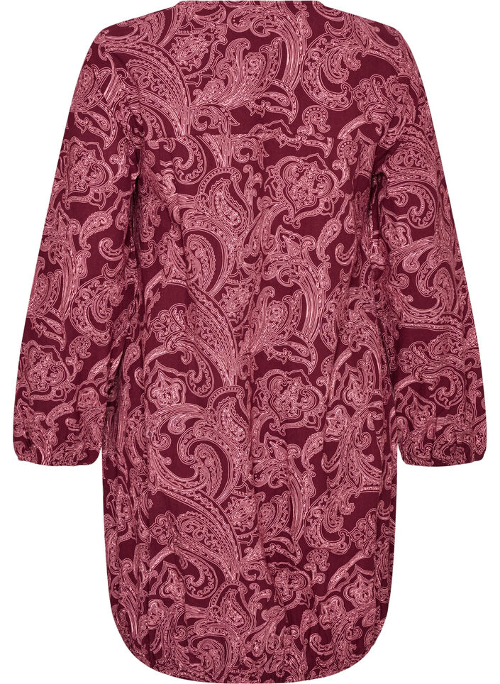 Korte katoenen jurk met een elastische zoom en lange mouwen, Donker Bordeaux, Packshot image number 1