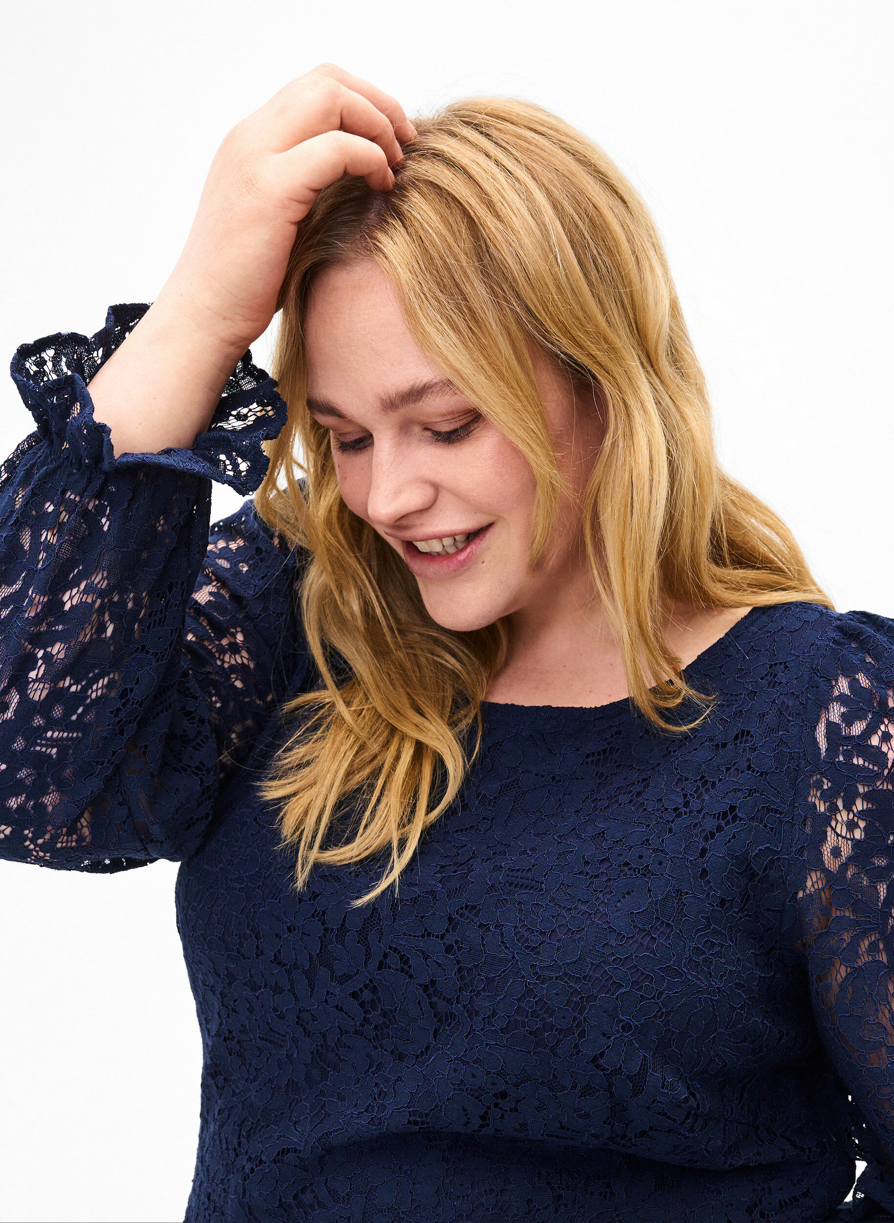 Zizzi Kanten blouse met lange mouwen, Navy Blazer, Model image number 2