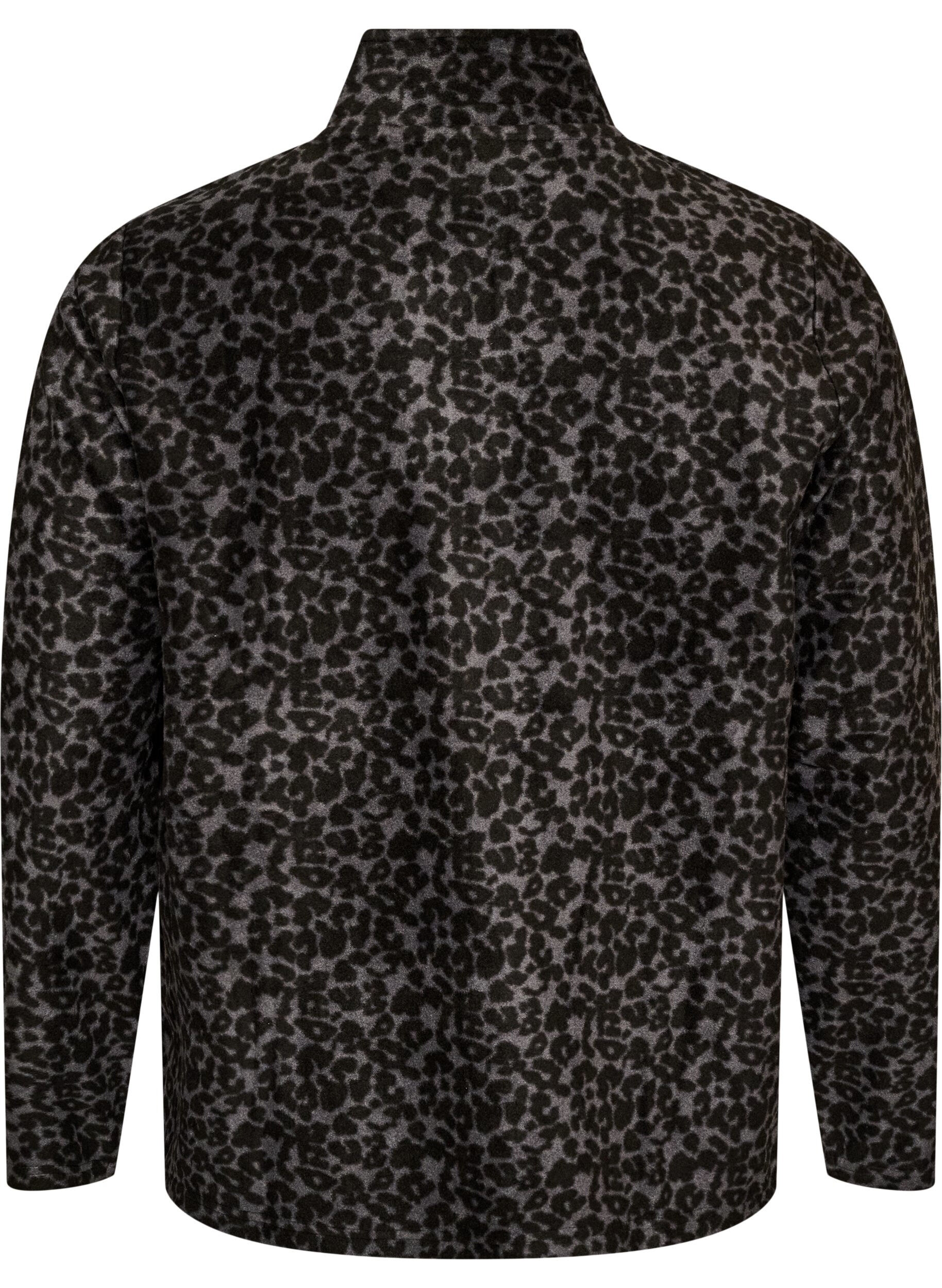 ZizziFleecejack met luipaardprint en een hoge kraag, Zwart, Packshot image number 1