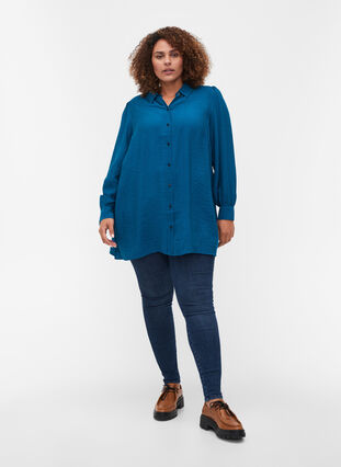 Lange blouse in effen kleur en viscosemix, Moroccan Blue, Model image number 2