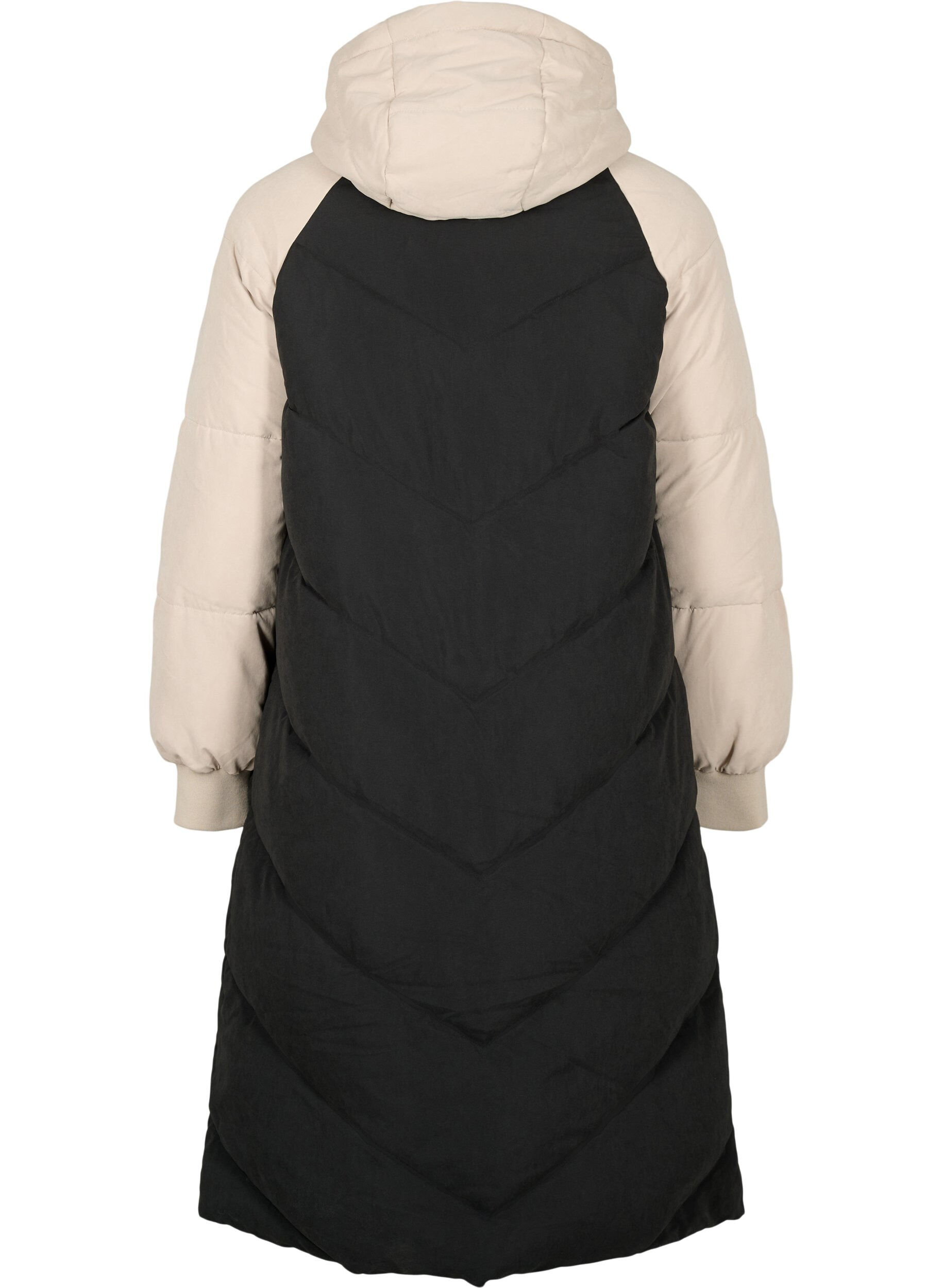 Zizzi Lange kleurblokken winterjas met capuchon., Black Comb, Packshot image number 1