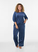 Velours blouse met geborduurde tekst, Blauw, Model image number 1