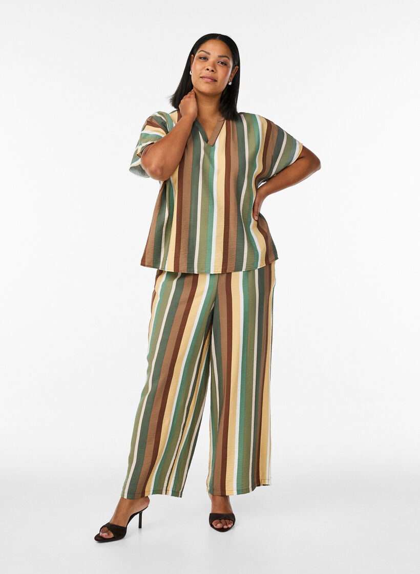 Losse viscose broek met strepen, Bruin, Model image number 0