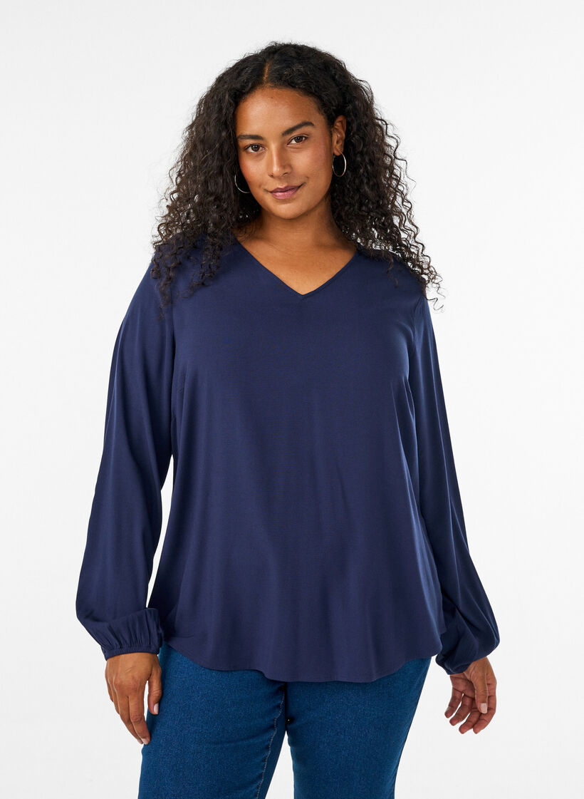 Viscose blouse met V-hals en afgeronde zoom, Blauw, Model image number 0