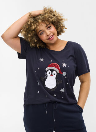 Kerst t-shirt in katoen, Night Sky Pingvin, Model image number 0