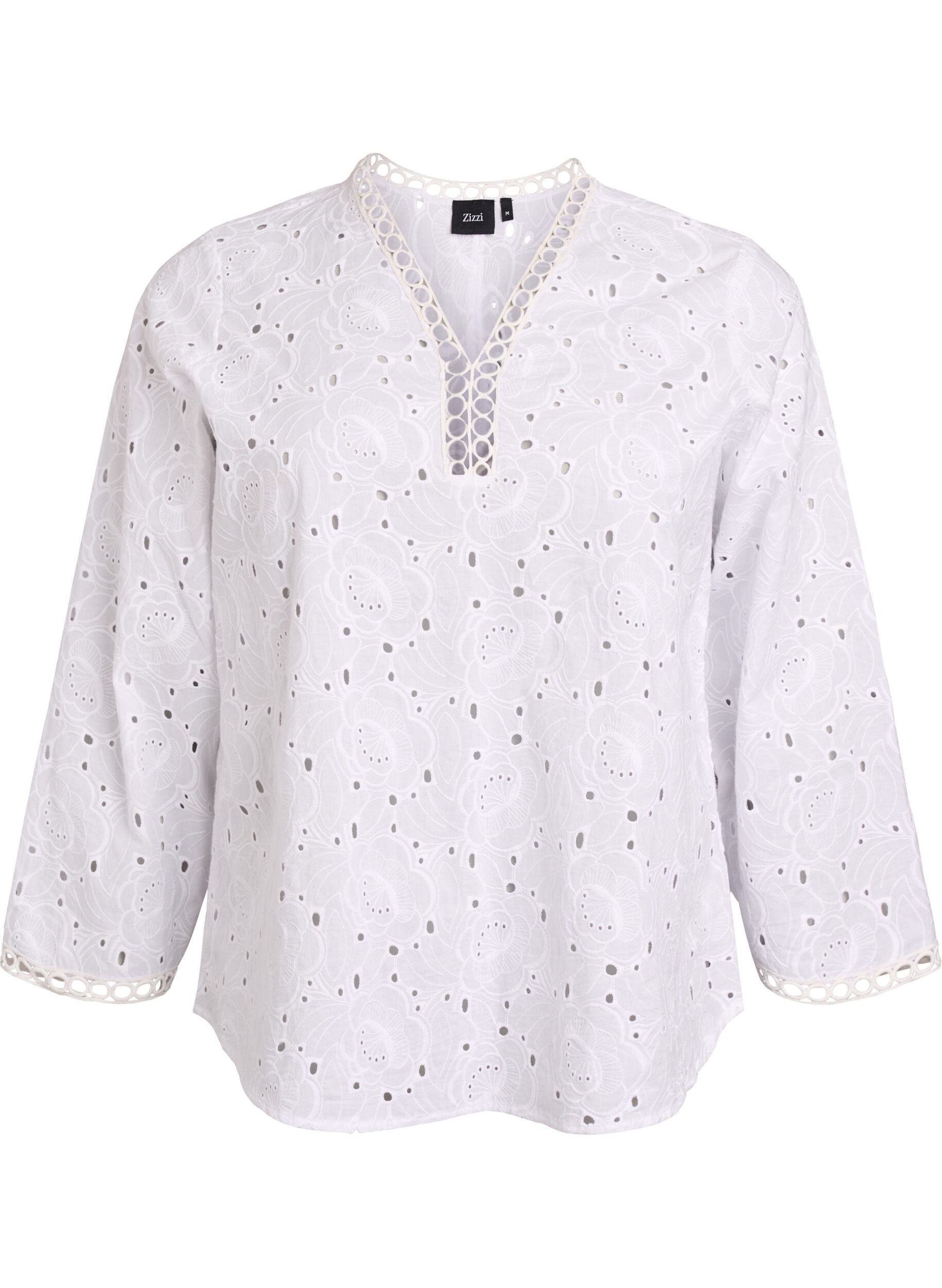 Zizzi Blouse van katoen met lange mouwen en broderie anglaise, Wit, Packshot image number 0