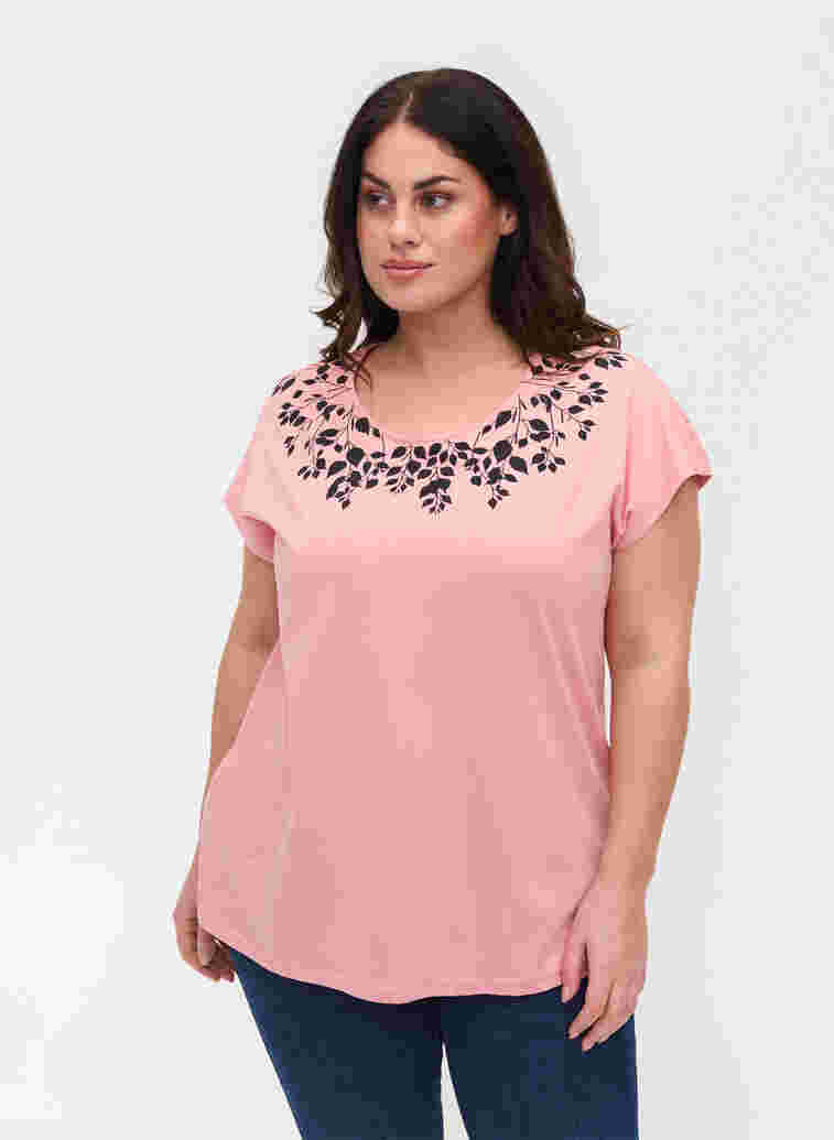 Katoenen t-shirt met print details, Blush mel Leaf, Model