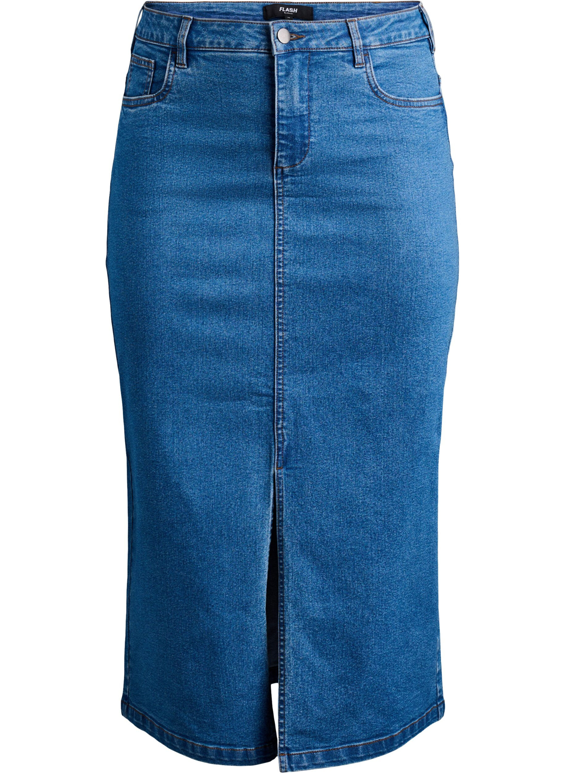 Zizzi FLASH - Halflange denimrok met een voorsplit, Blauw, Packshot image number 0