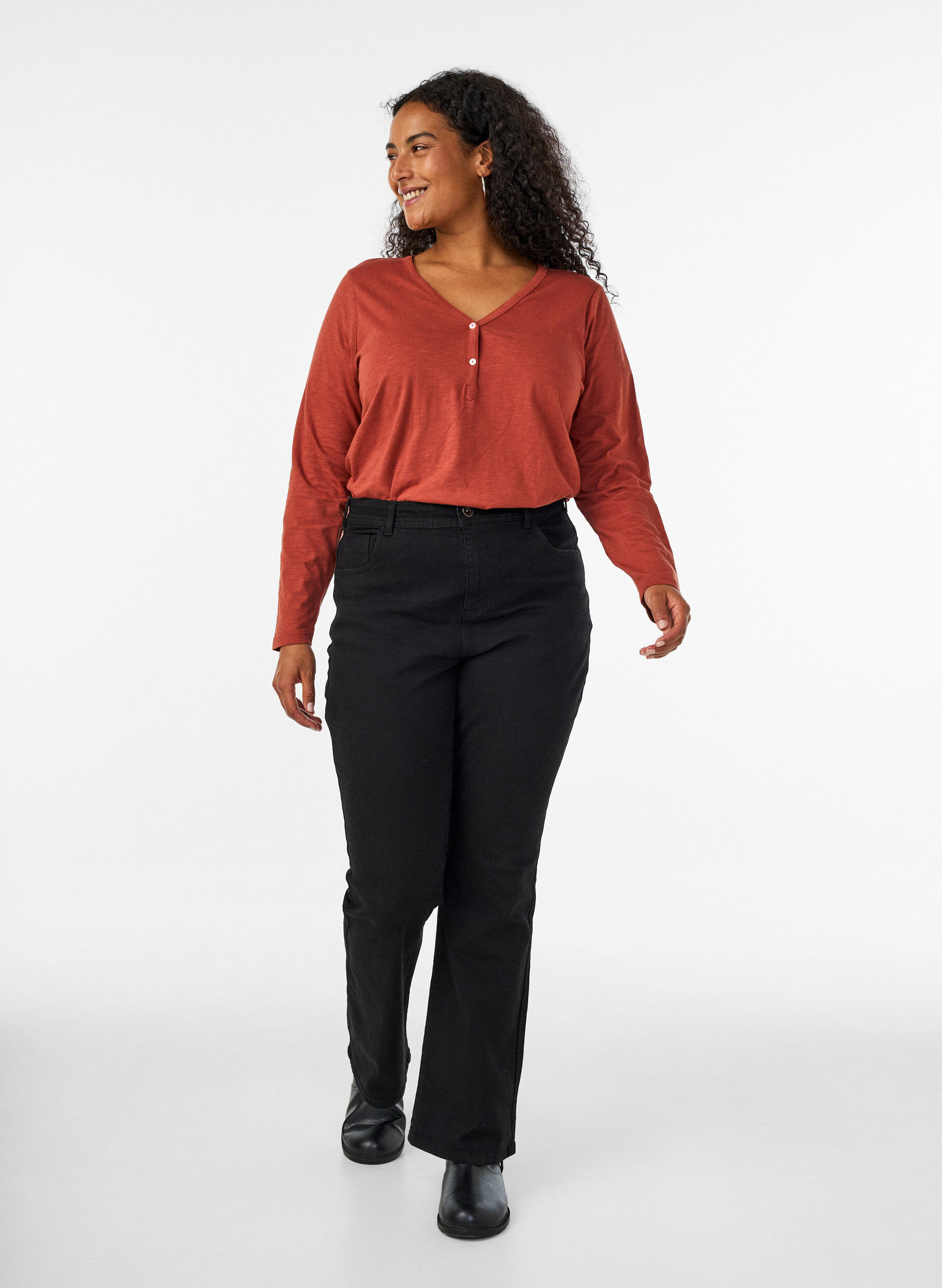 ZizziT-shirt met lange mouwen, V-hals en knopen, Bruin, Model image number 1