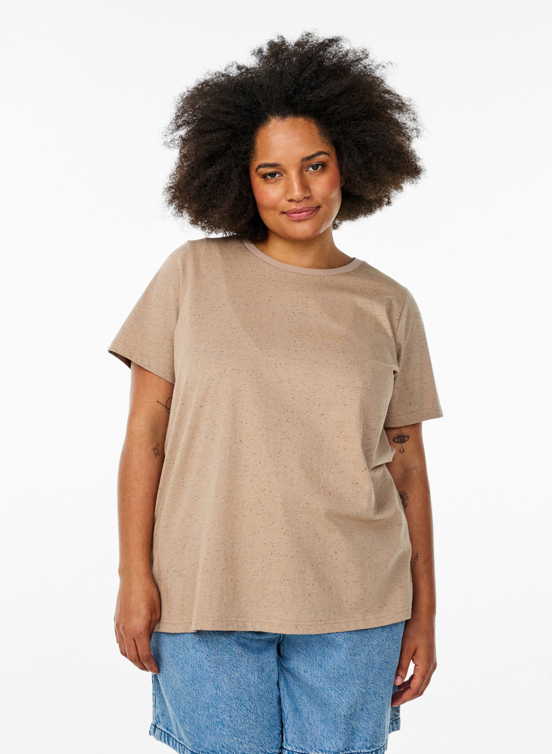 Katoenen T-shirt met ronde hals, Beige, Model