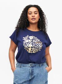 T-shirt van biologisch katoen met gouden opdruk, Med.Blue Gold Flower, Model