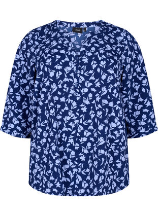 Gebloemde blouse met 3/4 mouwen, M. Blue Flower AOP, Packshot image number 0