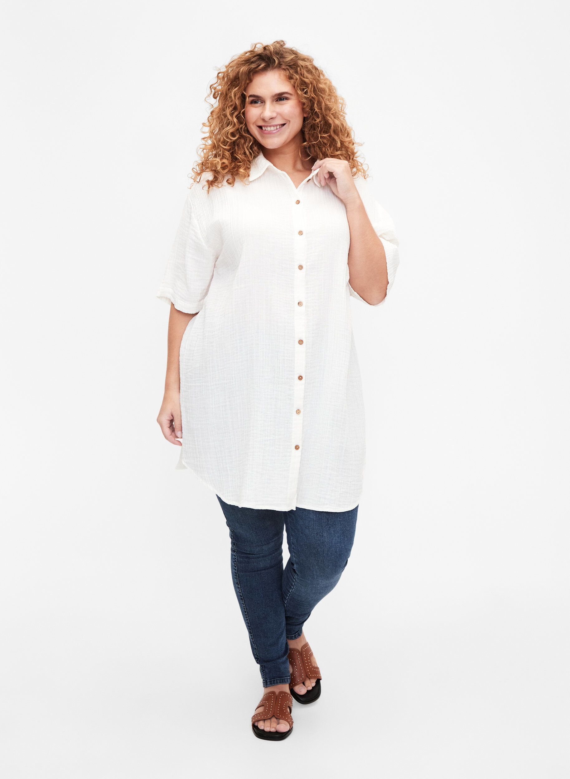 Zizzi Shirt met korte mouwen en knopen, Off-White, Model image number 2