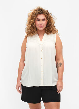 Mouwloze viscose blouse met gehaakt detail, Bone White, Model image number 0
