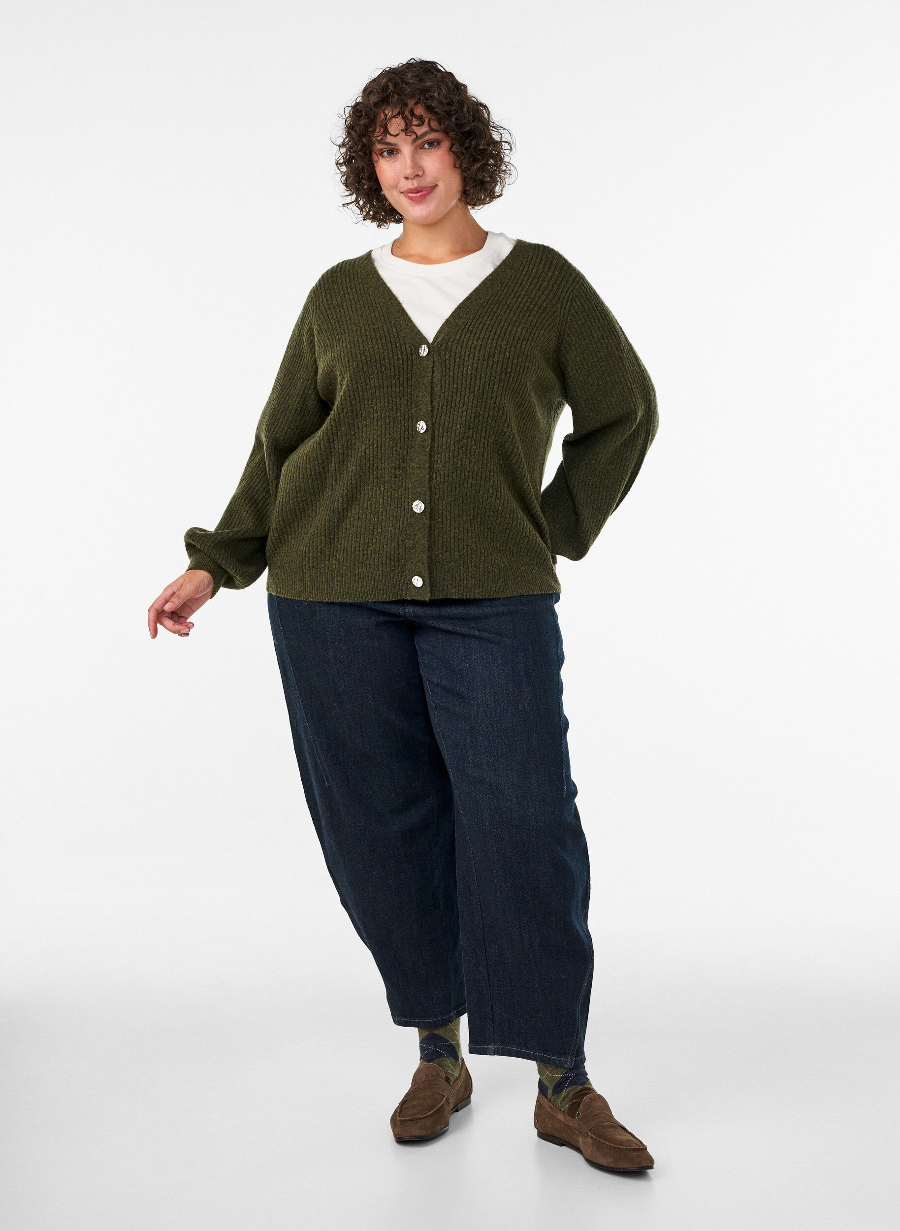 ZizziVest met V-hals en ribstructuur, Groen, Model image number 1