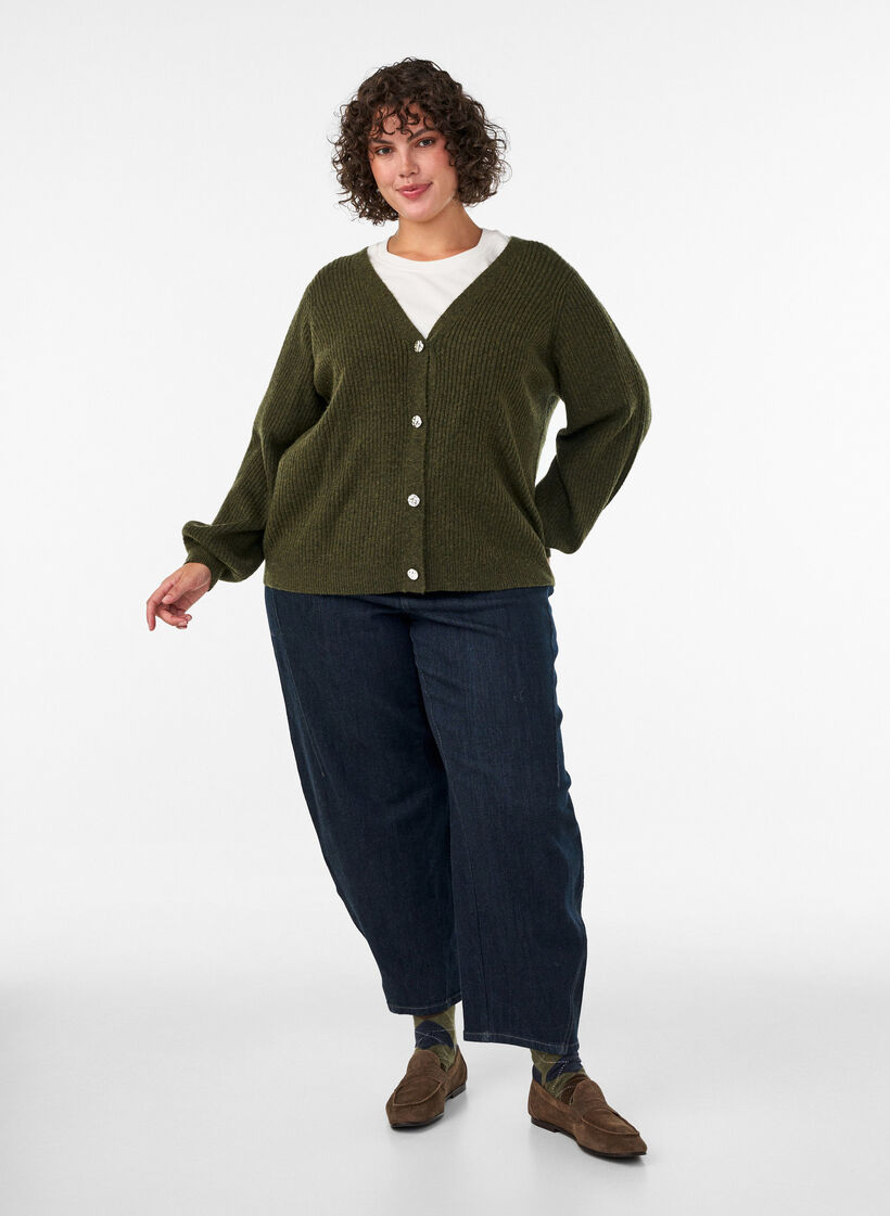 Vest met V-hals en ribstructuur, Groen, Model image number 1