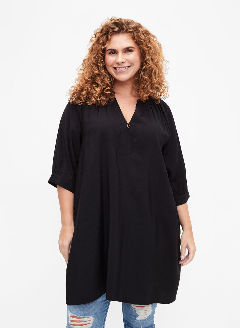 Tuniek van viscose met 3/4-mouwen, Black, Model image number 0