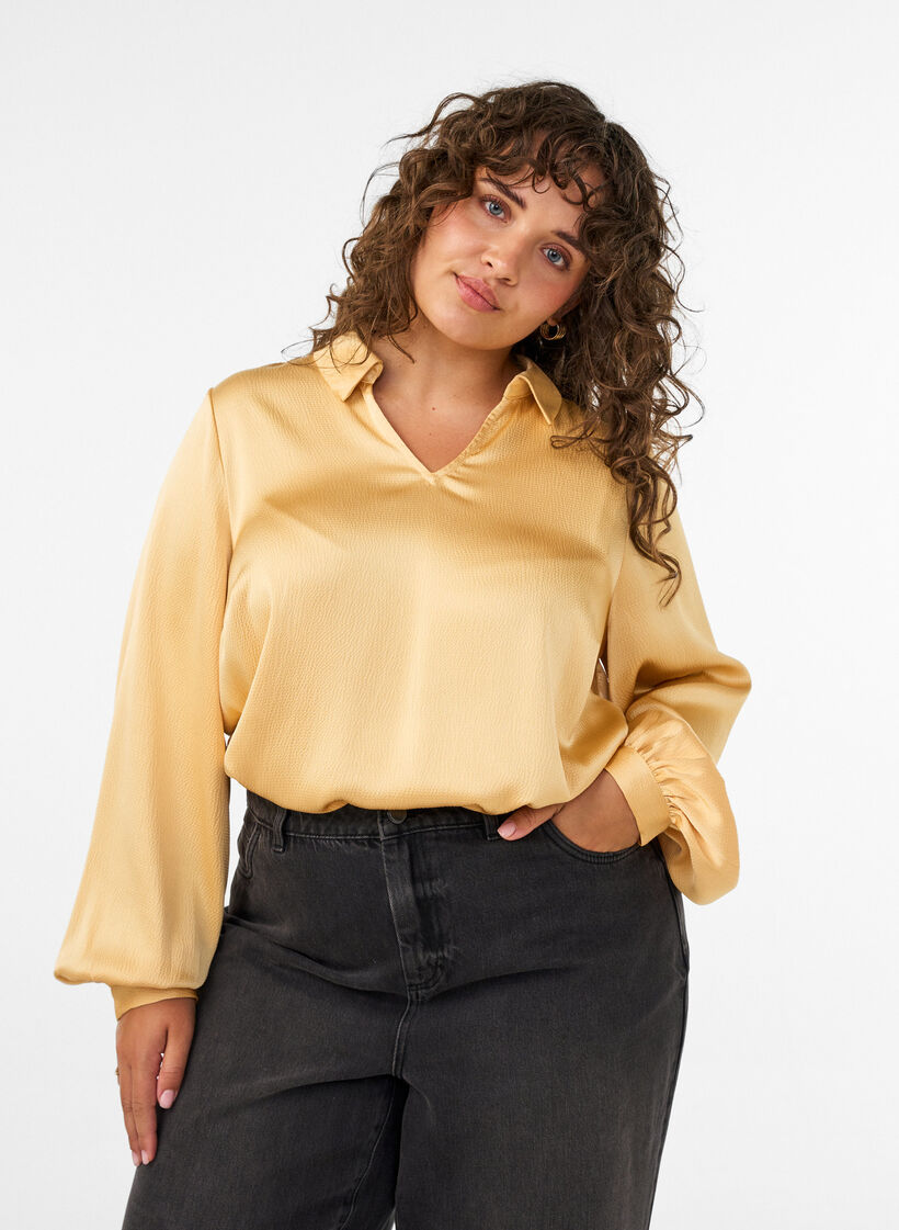 Blouse met overhemdkraag en V-hals, Geel, Model image number 0