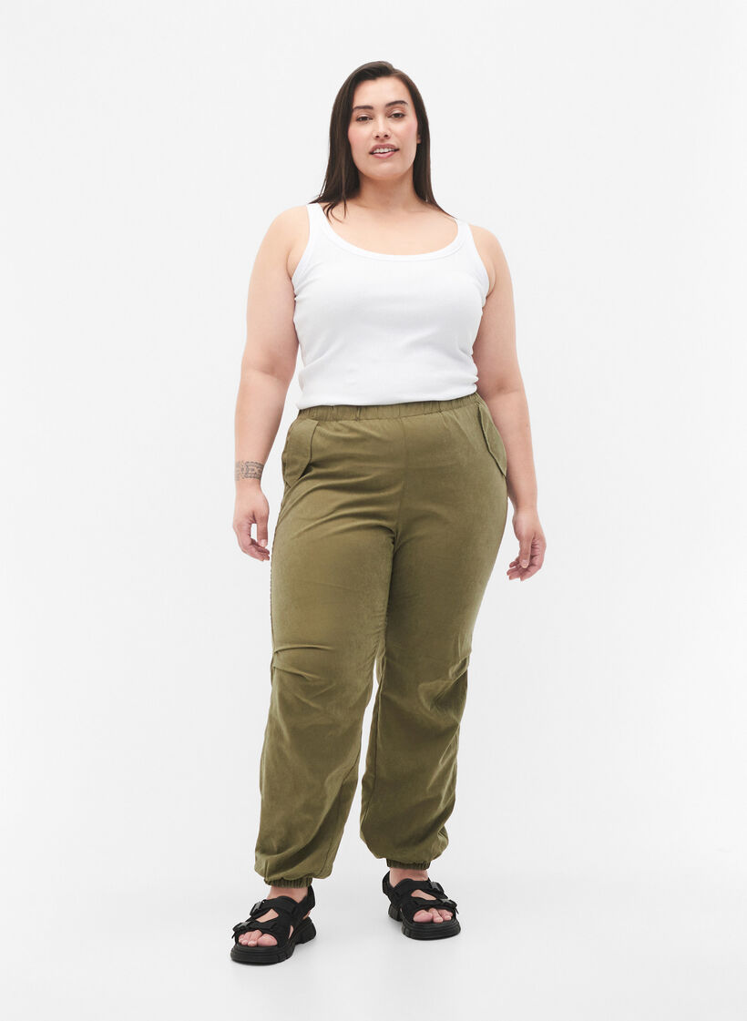 Taps toelopende broek met elastiek, Martini Olive, Model image number 0