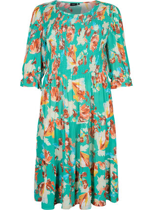 Bedrukte viscose jurk met smockwerk boven, Arcadia AOP, Packshot image number 0