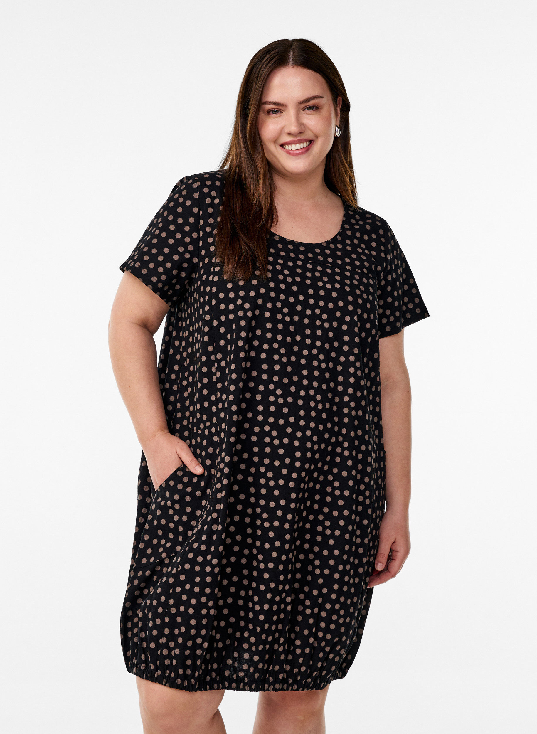 ZizziKatoenen jurk met korte mouwen en print, Bruin, Model image number 0