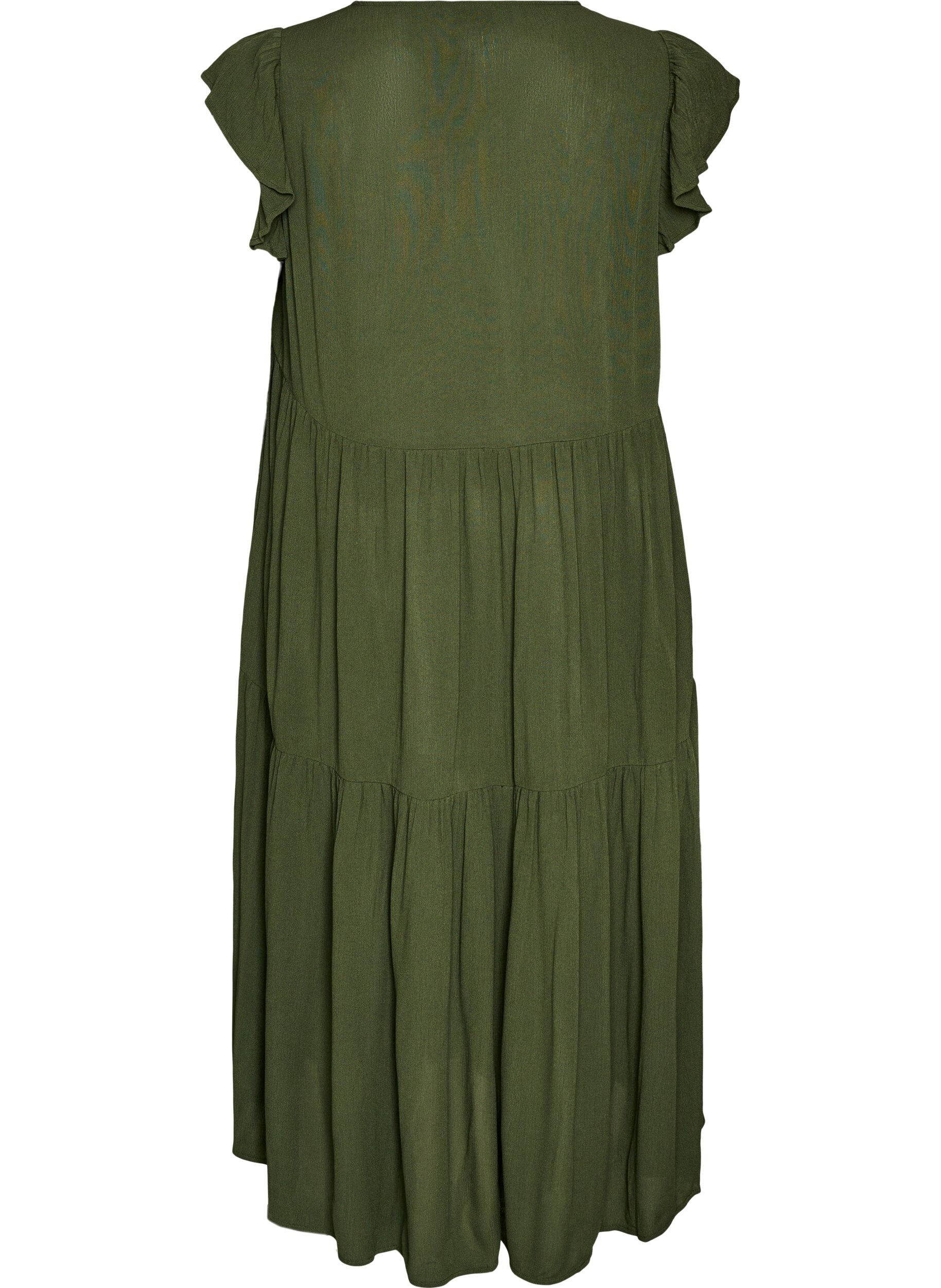 ZizziMidi jurk van viscose met ruches mouwen, Groen, Packshot image number 1