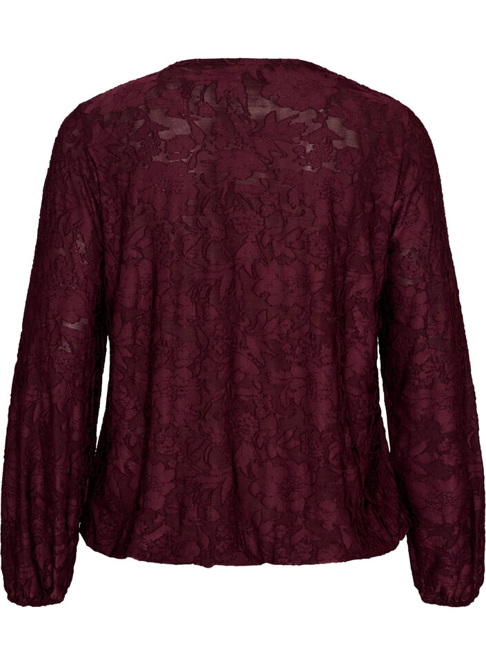 Doorschijnende blouse met bloemenstructuur en lange mouwen, Rood, Packshot image number 1