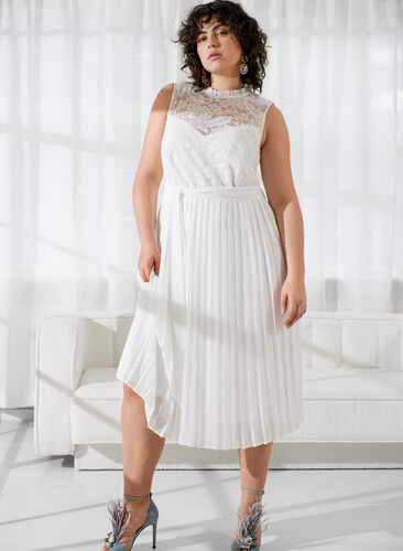 Mouwloze jurk met kant en plooien, Bright White, Image image number 0