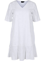 Katoenen jurk met korte mouwen en borduursel anglaise, Bright White