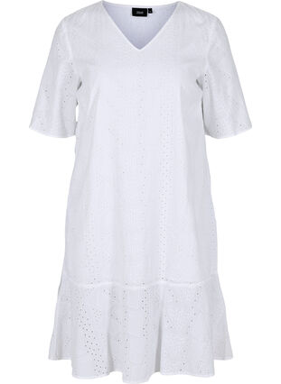 Katoenen jurk met korte mouwen en borduursel anglaise, Bright White, Packshot image number 0