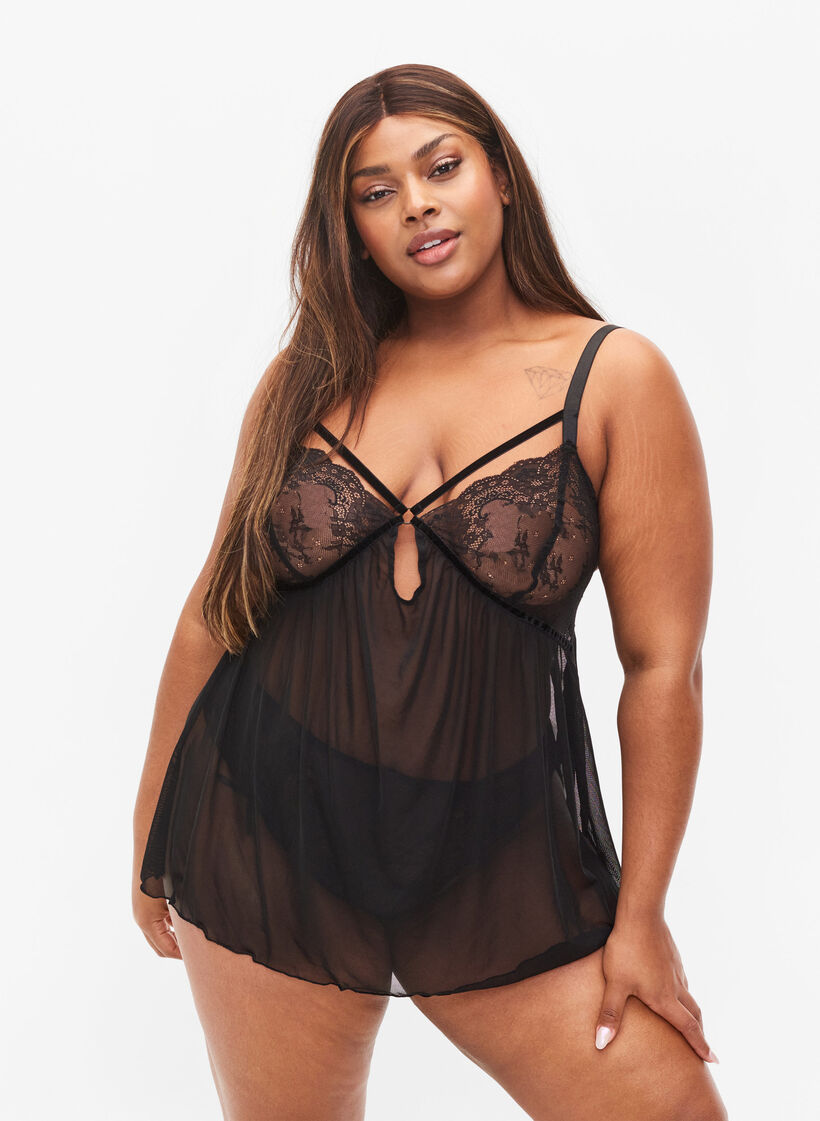 Transparante chemise met kant, Black, Model image number 0