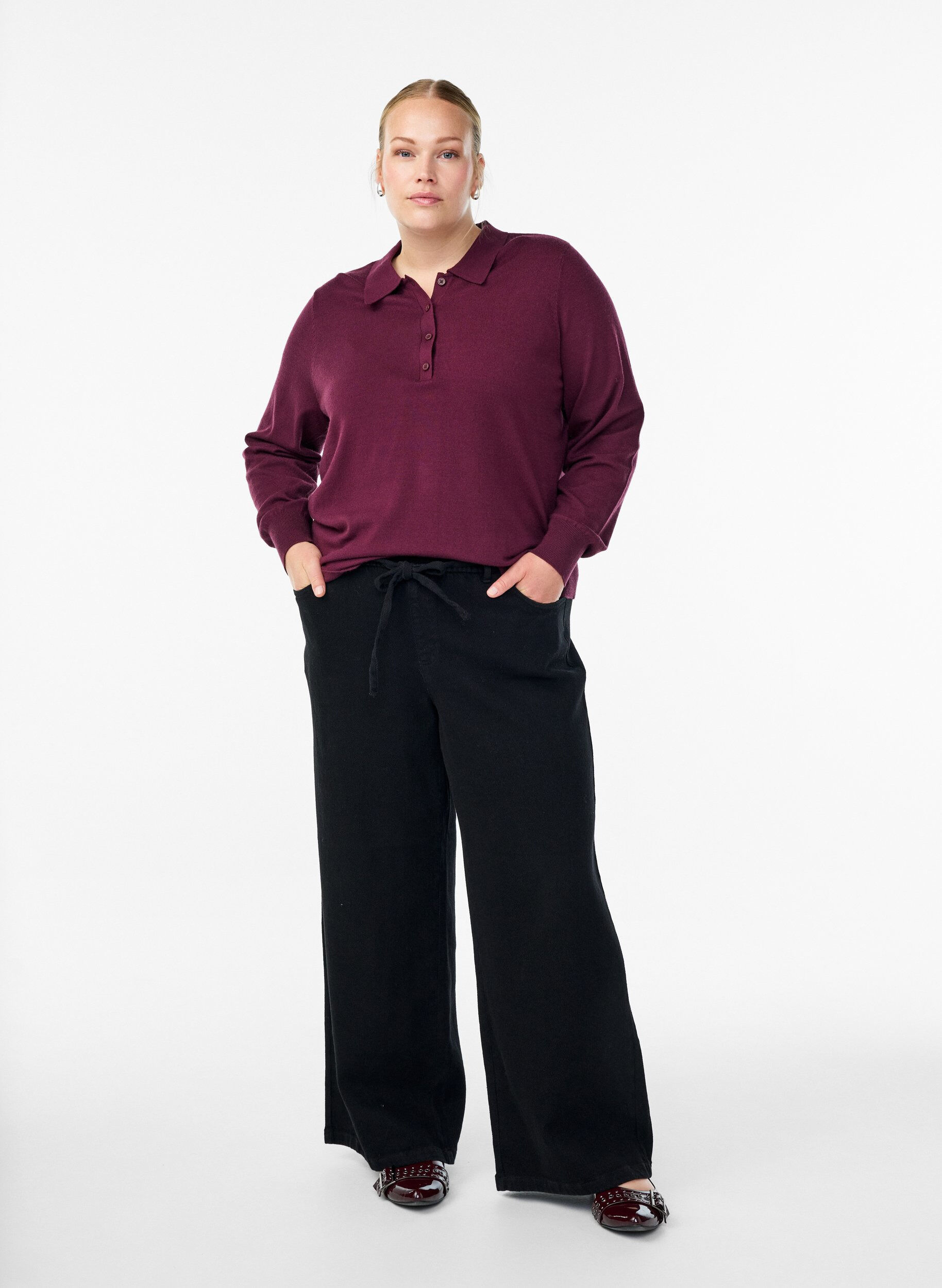 Zizzi Strik blouse met kraag, Donker Bordeaux, Model image number 1